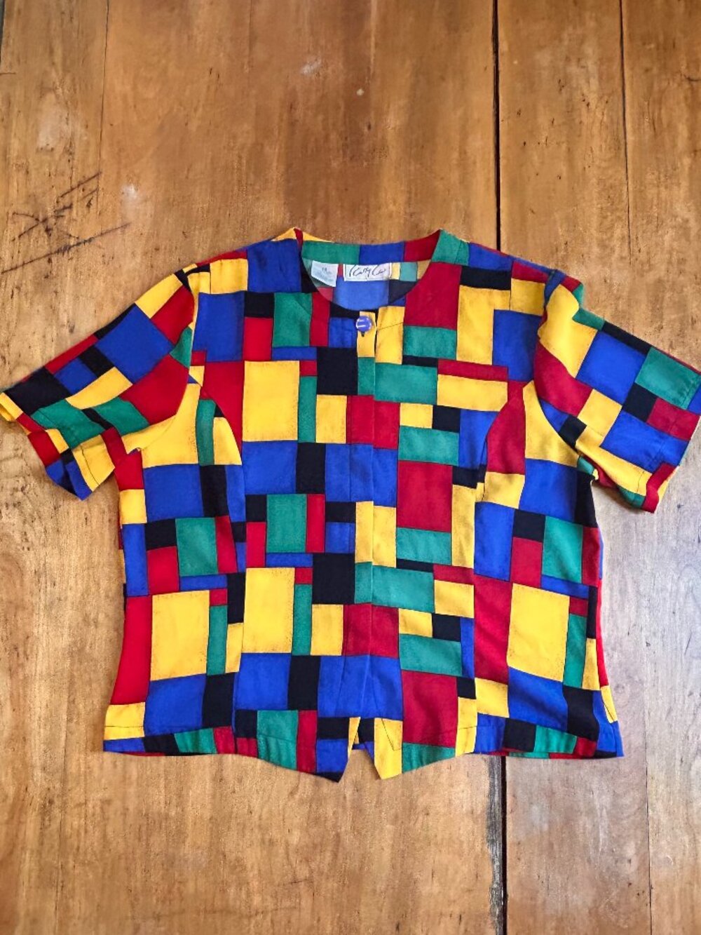 Kathy Che vintage blouse, size 14, bright geometric pattern #retro #hipster
